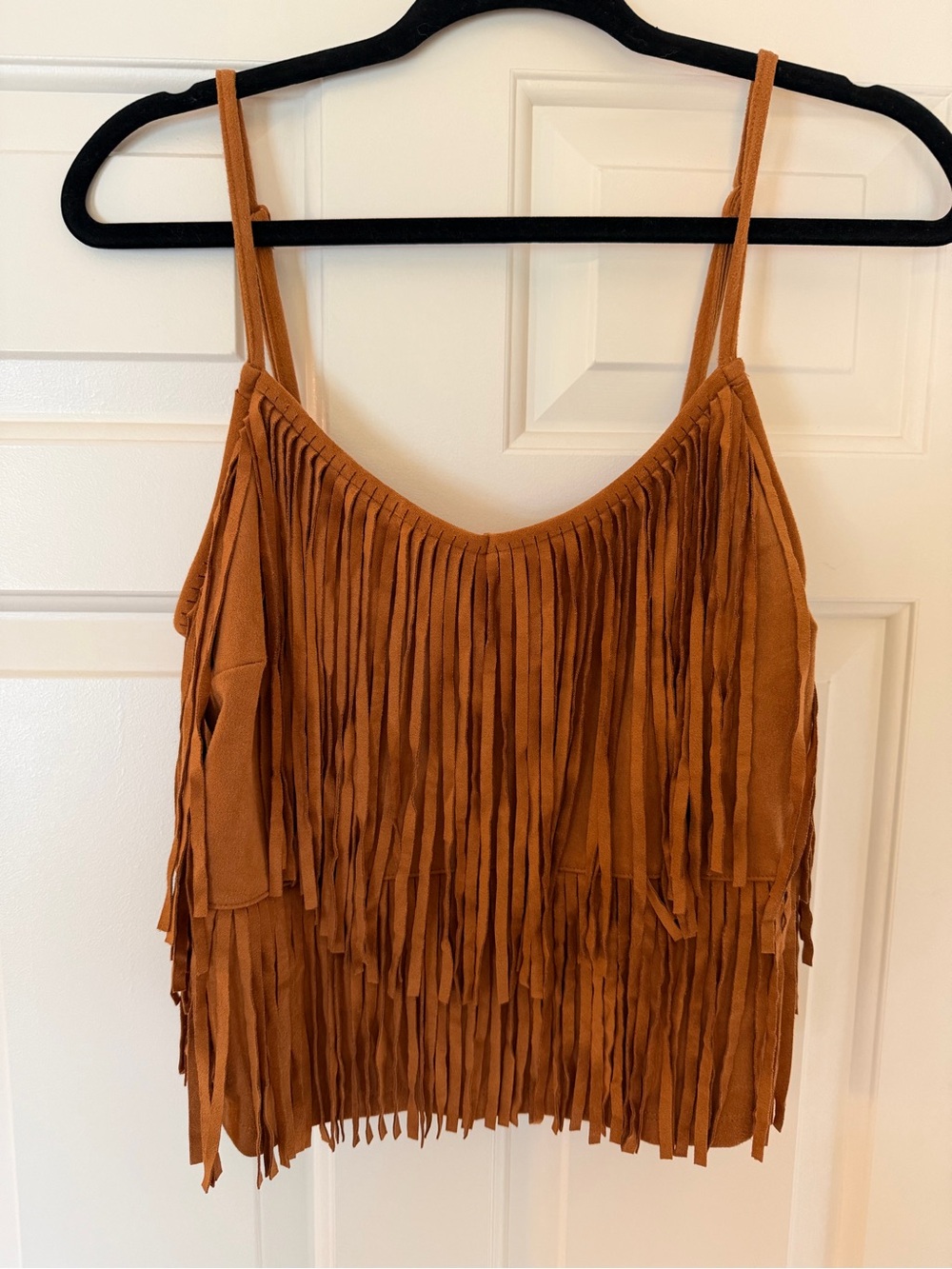 Fringe Suede-Feel Spaghetti Strap Tank Top - Brown